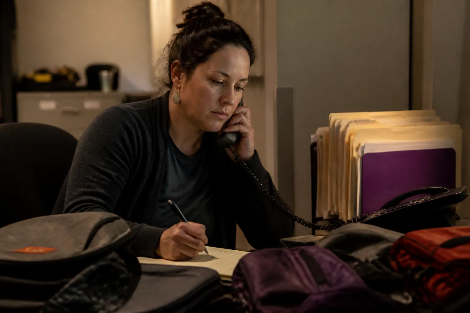 YWCA Missoula advocate answers the Pathways 24-hour hotline at a women's charity in Missoula, MT beside intake folders and emergency bags.