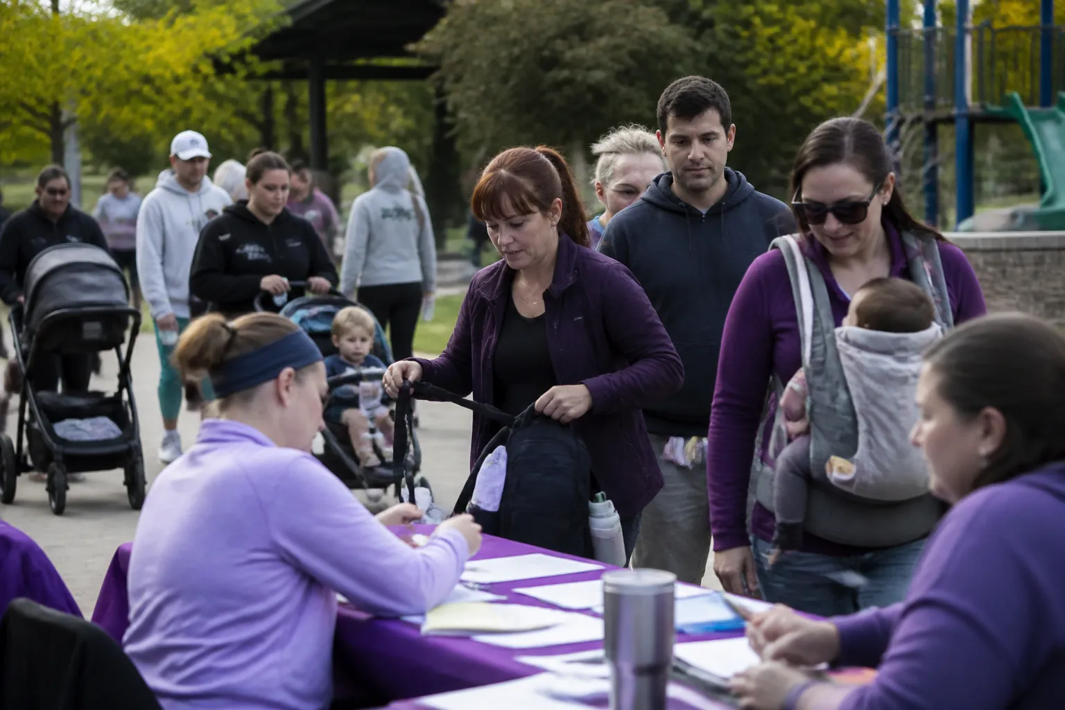 Volunteers check in walkers and families at 2026 Step UP Walk registration at Discovery Playground.