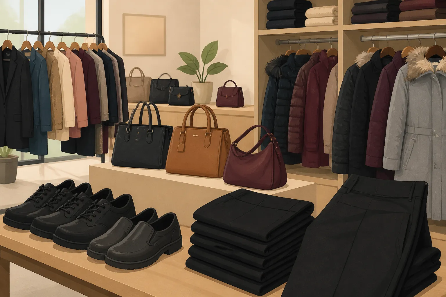Work shoes, black pants, handbags, and winter coats are arranged for Billings clients.