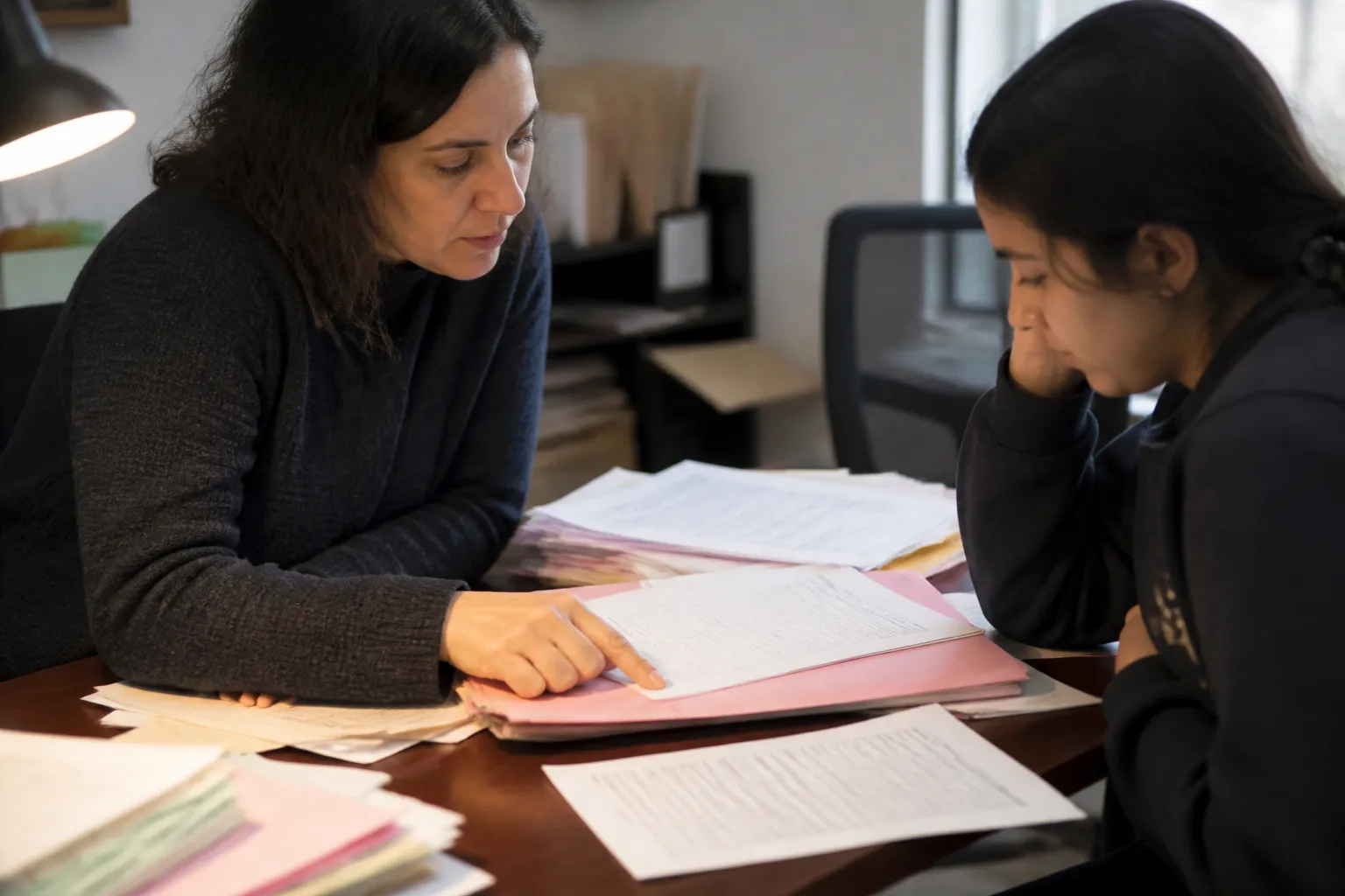 Social worker and teenage client review clinic forms for an immigration physical exam in an Omaha office desk.
