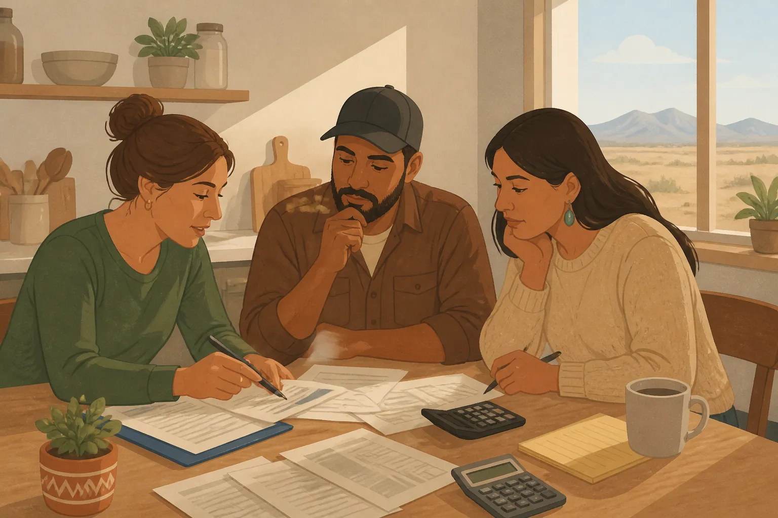 First-time homebuyers review financing paperwork with a housing counselor at a kitchen table.