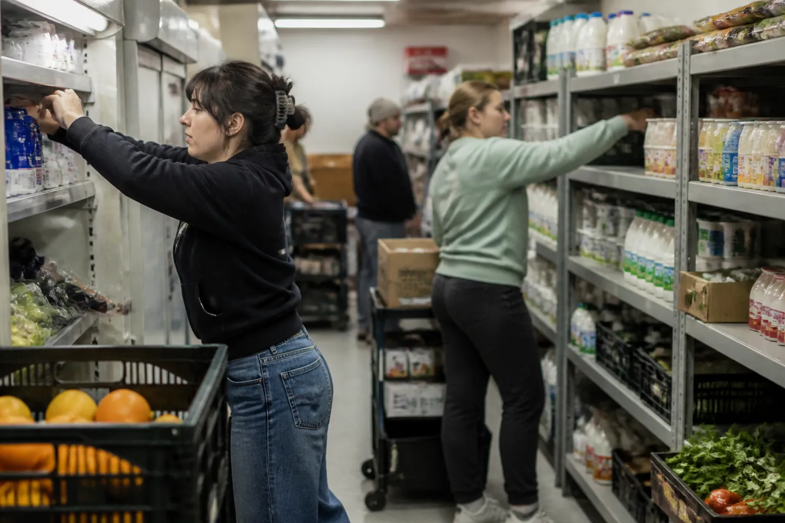 Volunteers stock shelves with food donations in Missoula, MT before opening.