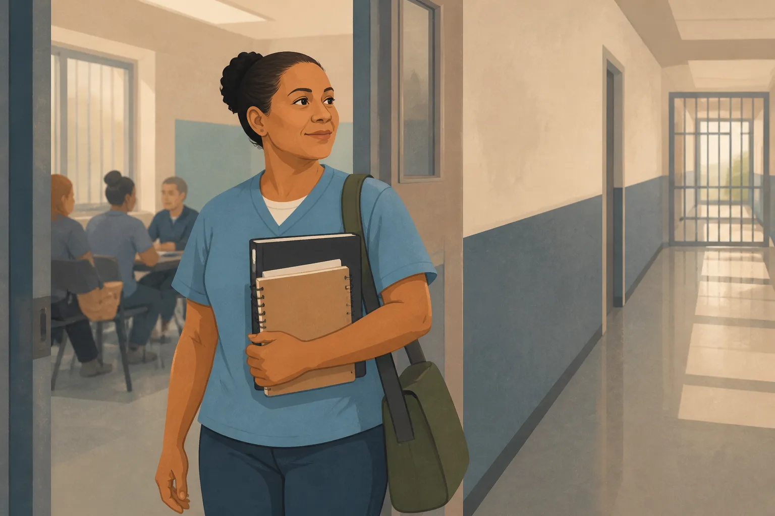 A woman leaves a prison classroom carrying LifeScripting materials before release.