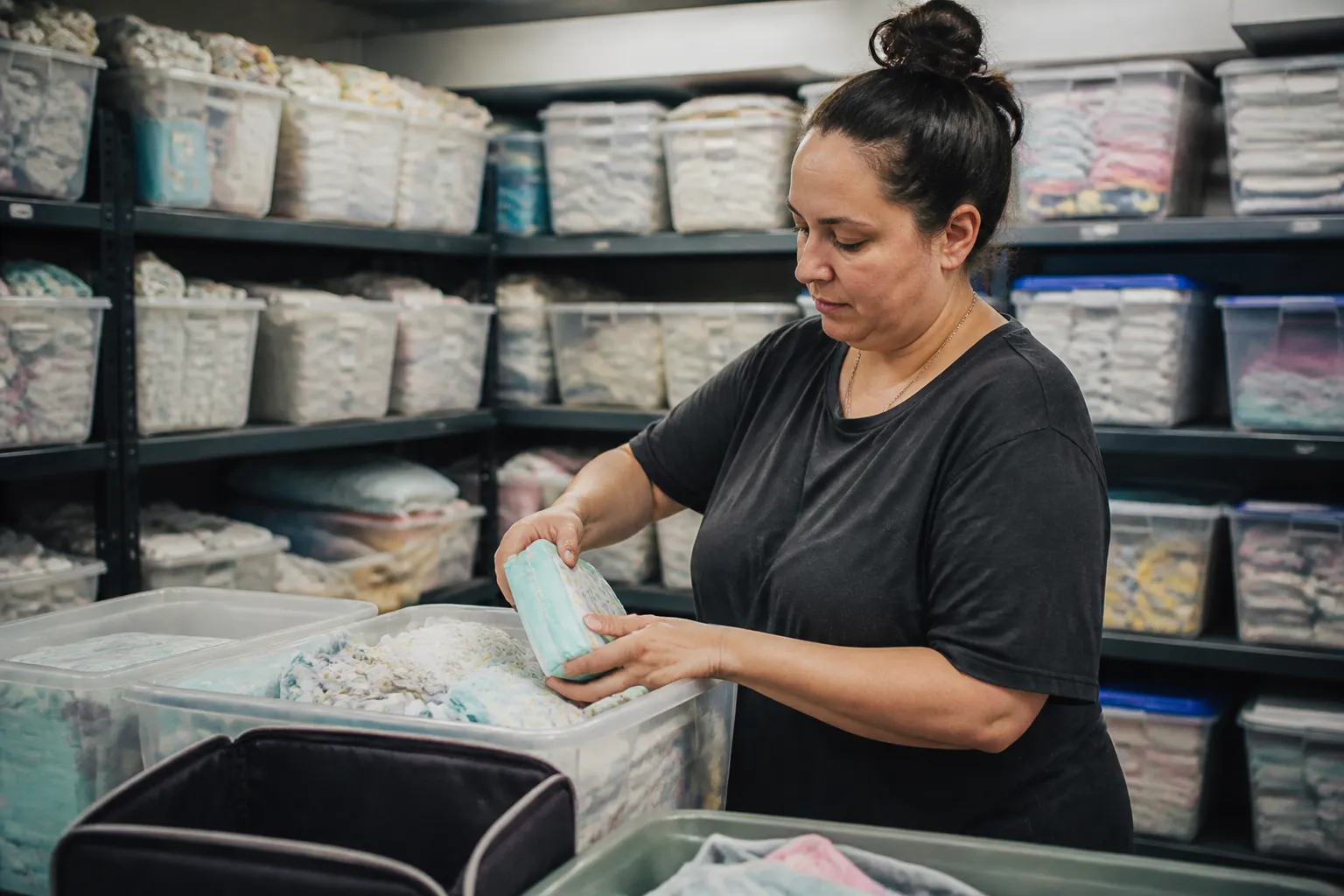 Labeled bins hold unopened diapers, wipes, diaper bags, and preemie to 6-month clothing at Baby’s Bounty.