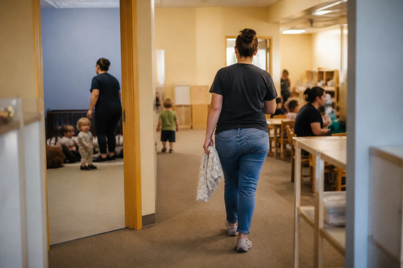 Kids First staff move between infant care, toddler play, preschool tables, and school-age activities in the afternoon.