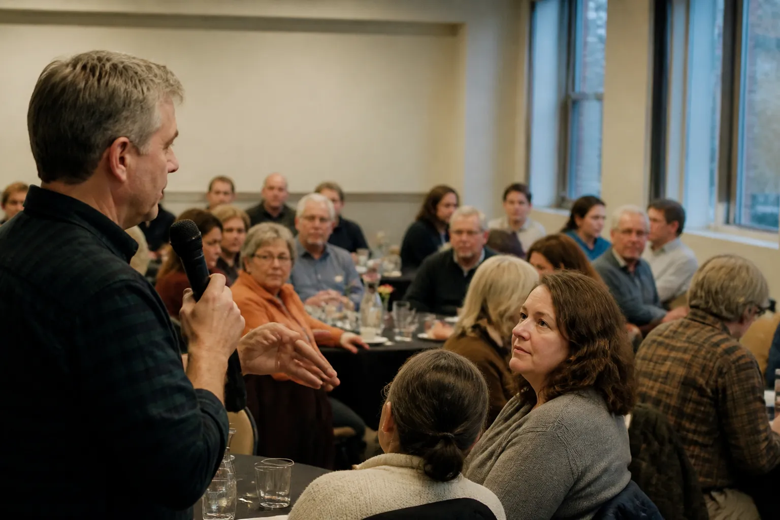 Moderator speaks at a monthly City Club Missoula forum on civic engagement in Missoula, MT with attendees seated for Table Talk.