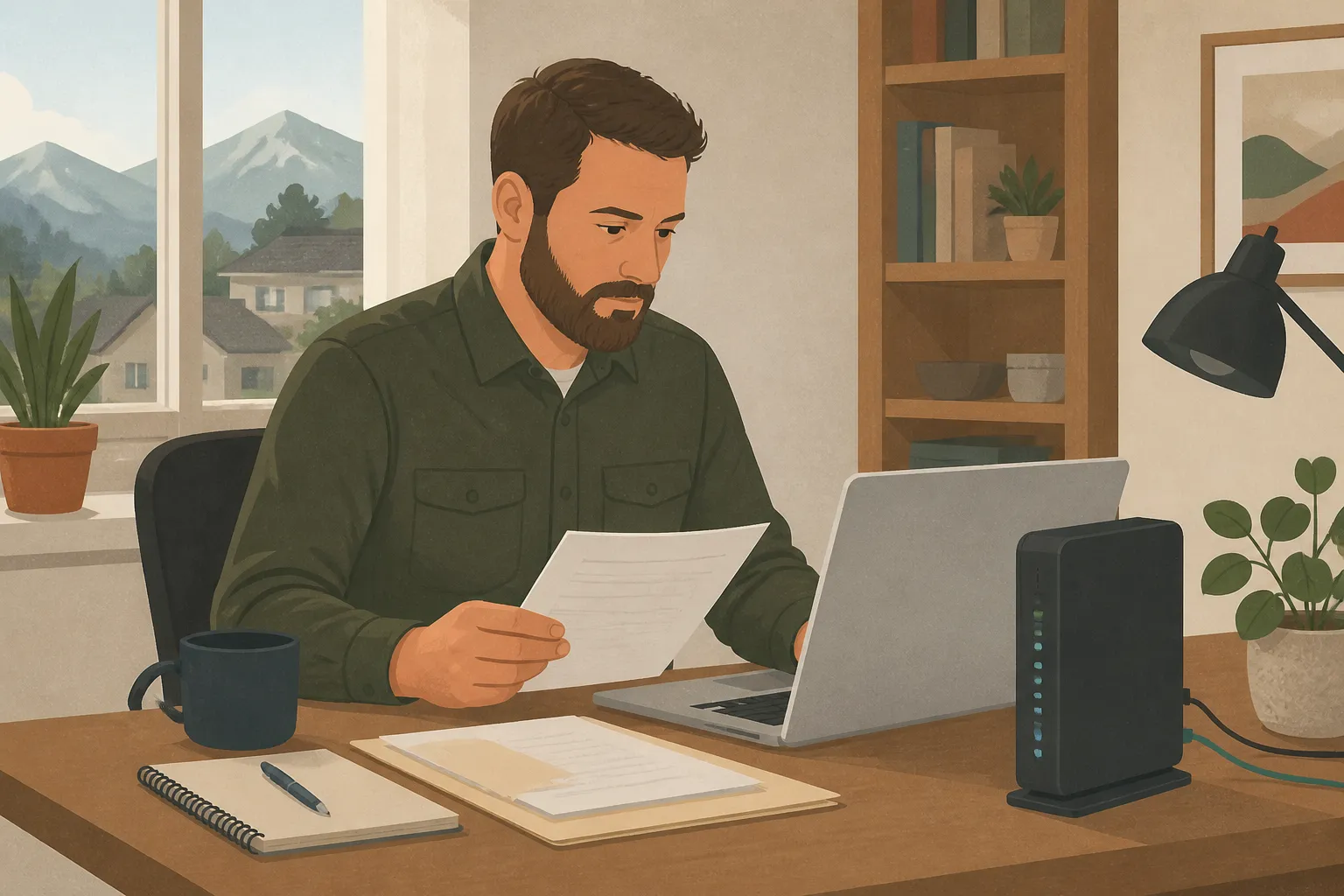 A Bozeman home-office worker uses a laptop beside a fiber router, illustrating how to support Bozeman Fiber.