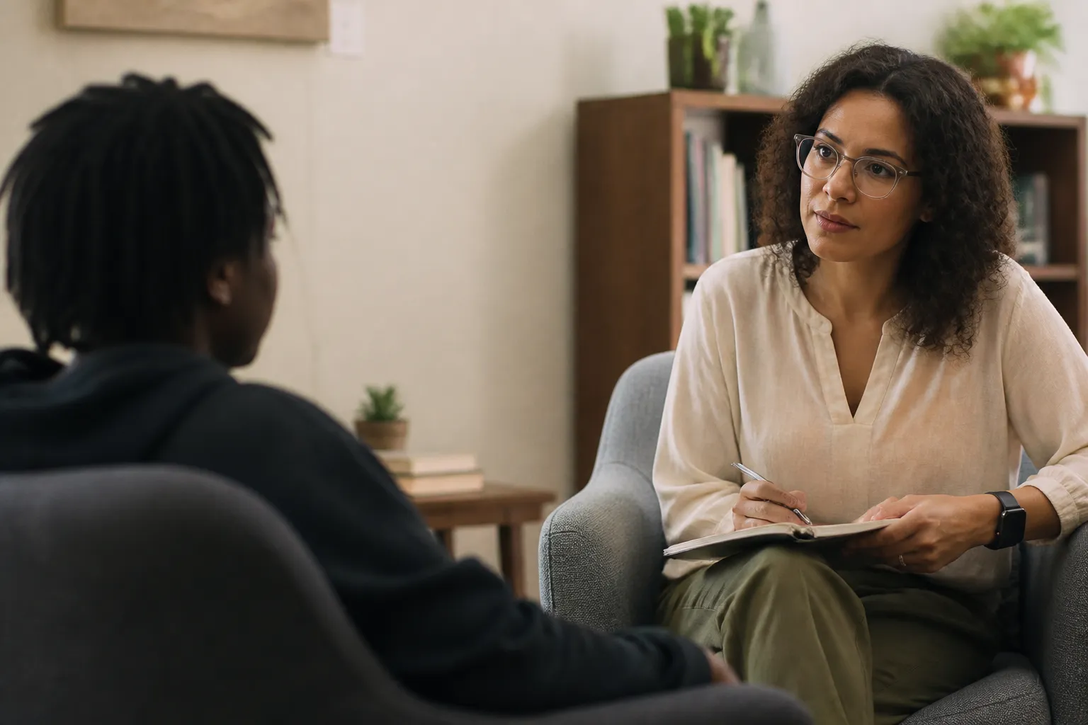 DARCC counselor meets with a Texas resident age 13 or older in a private therapy room in Dallas.