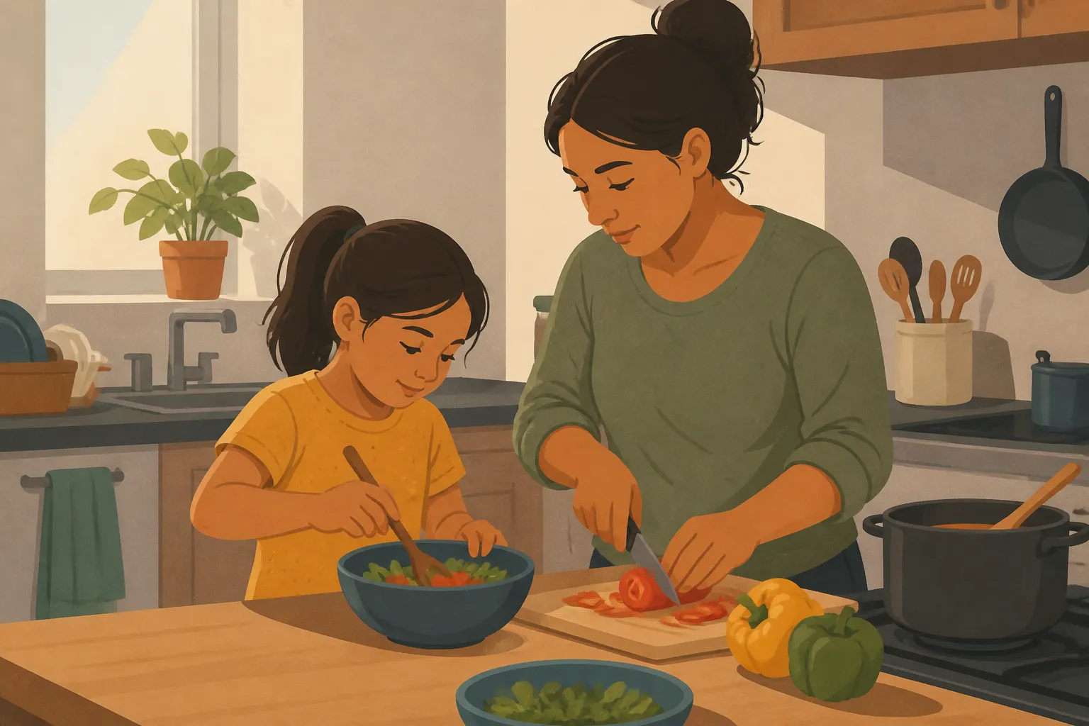 Mother and child cook together in a Lighthouse Campus cottage kitchen in Reno.