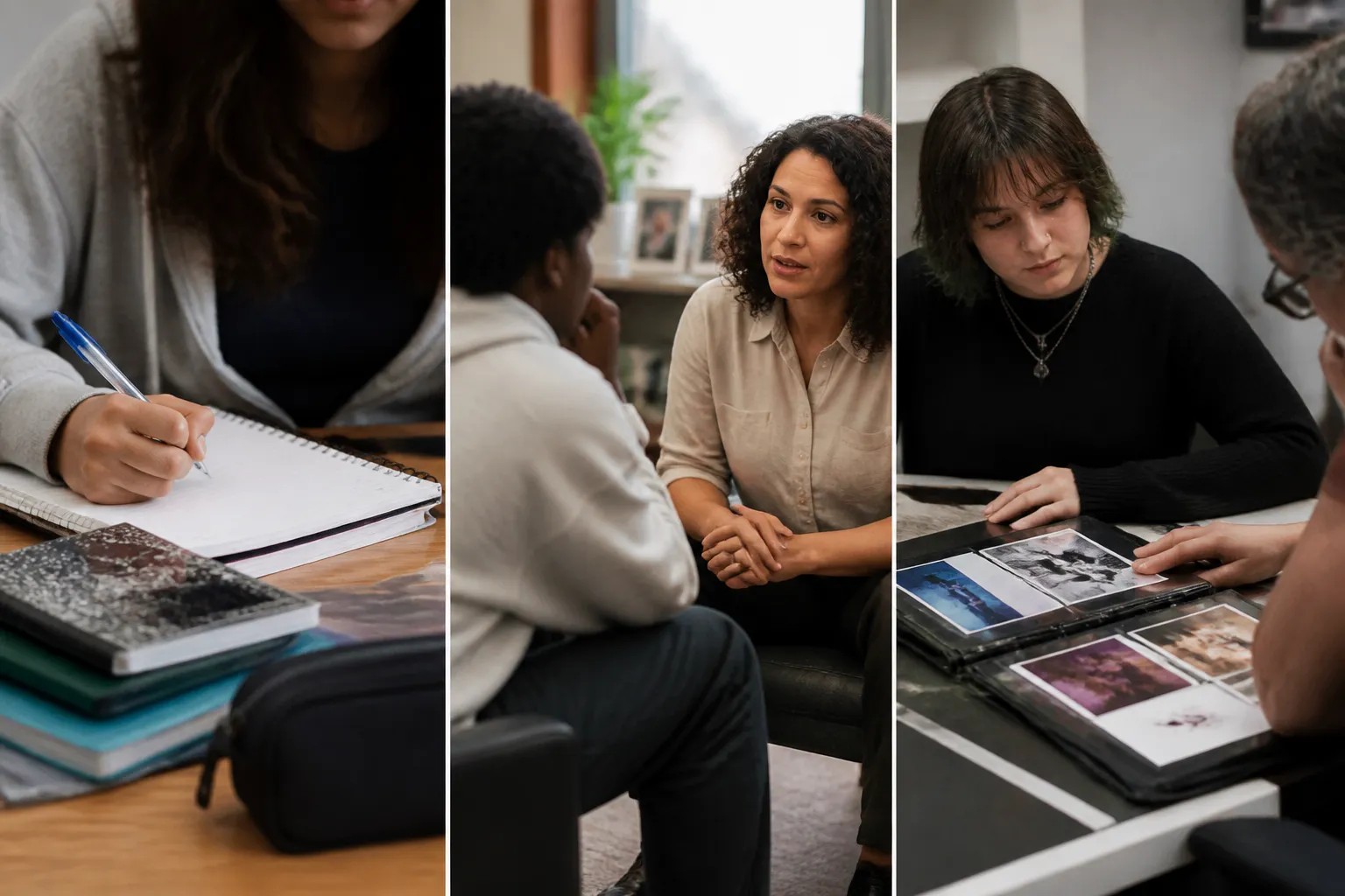 How to help students succeed in school in Dallas: school supplies, a campus counseling session, and a student portfolio review as a support chain.