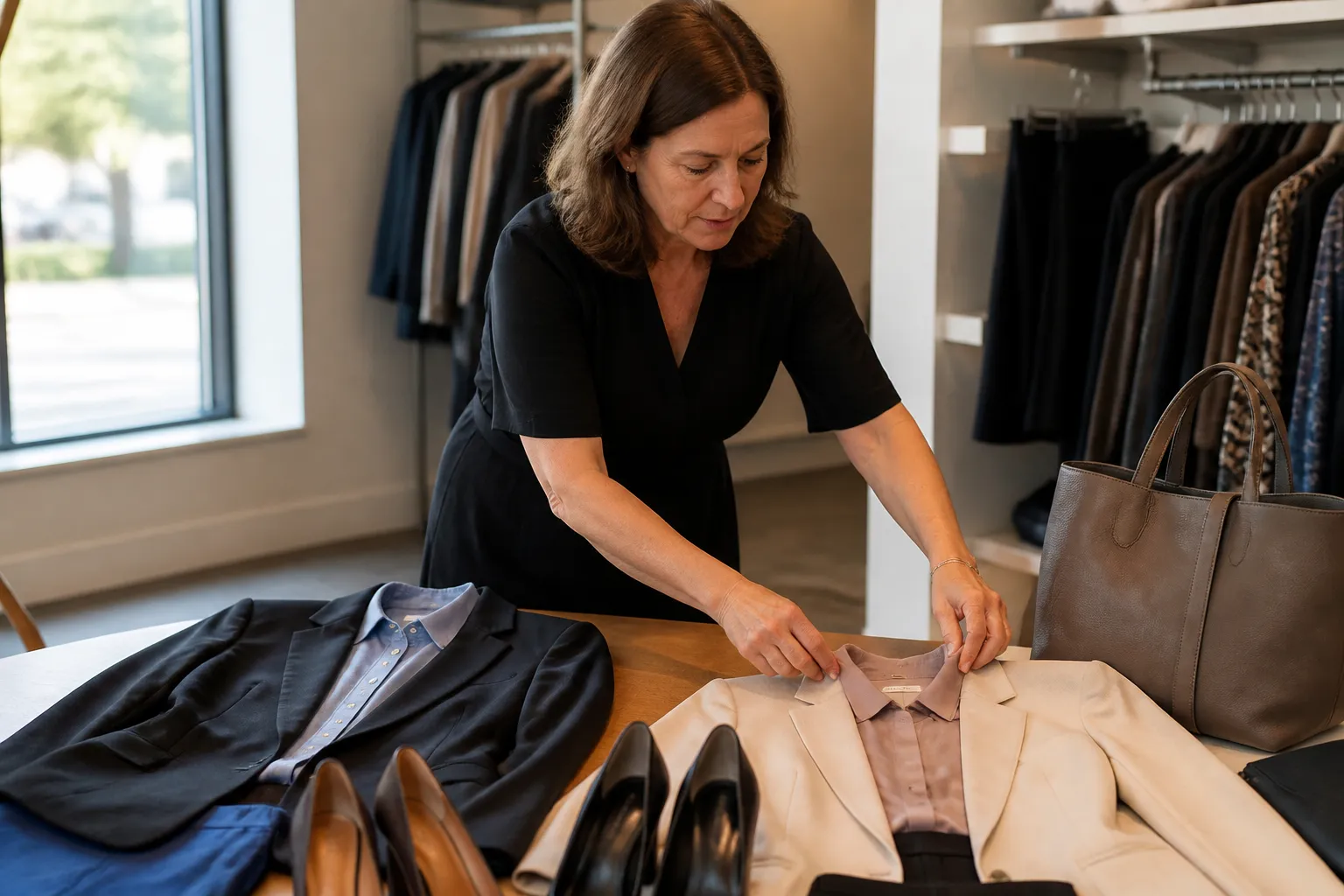 Dress for Success Austin volunteer arranges two professional outfits, shoes, and a handbag for a client.
