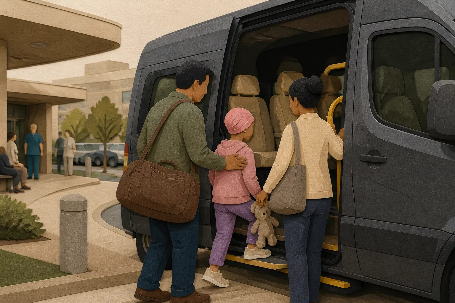 Family enters a van for transportation from a Houston pediatric cancer charity.