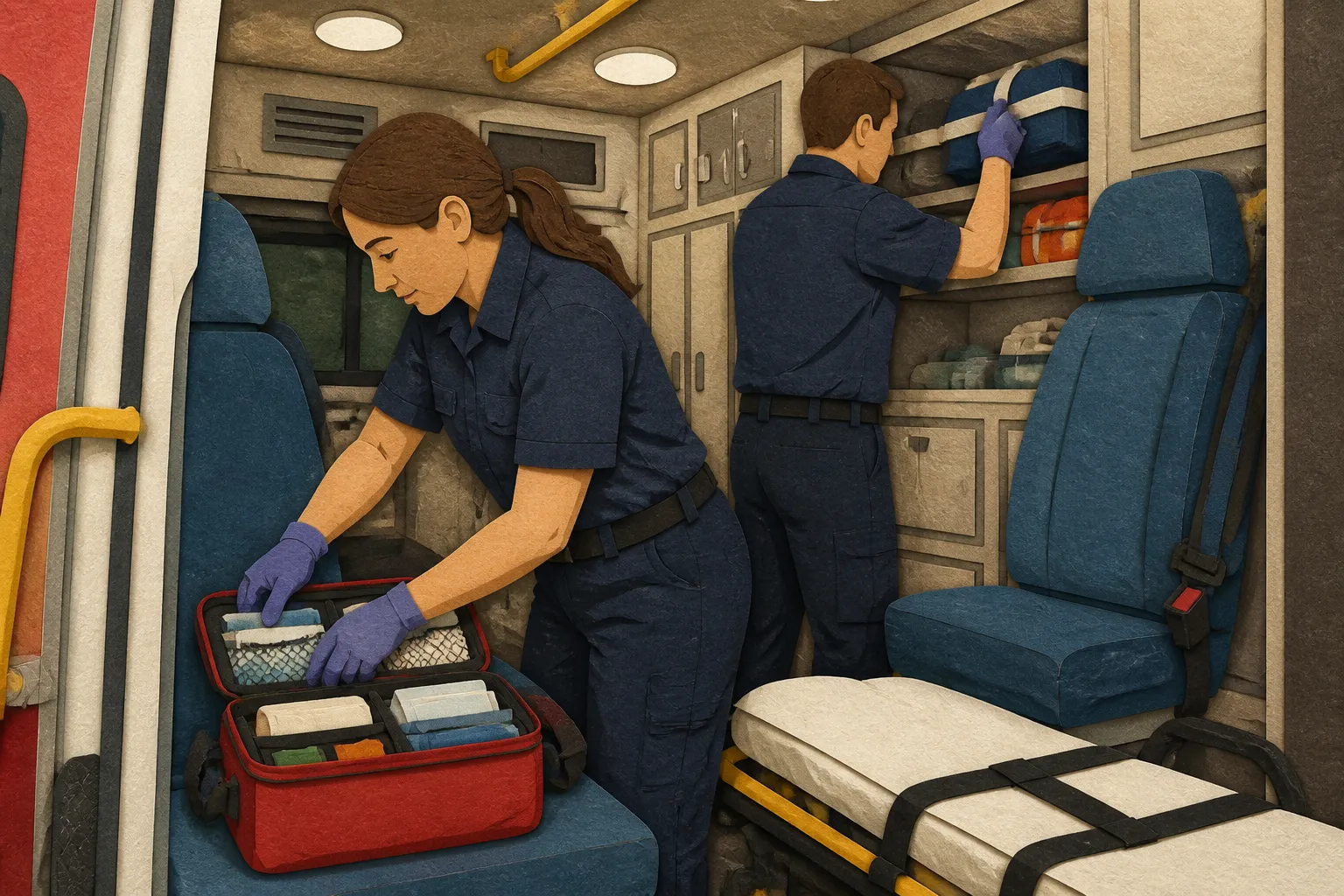 Volunteer EMTs check medical equipment inside a secondary Bethany Beach ambulance.