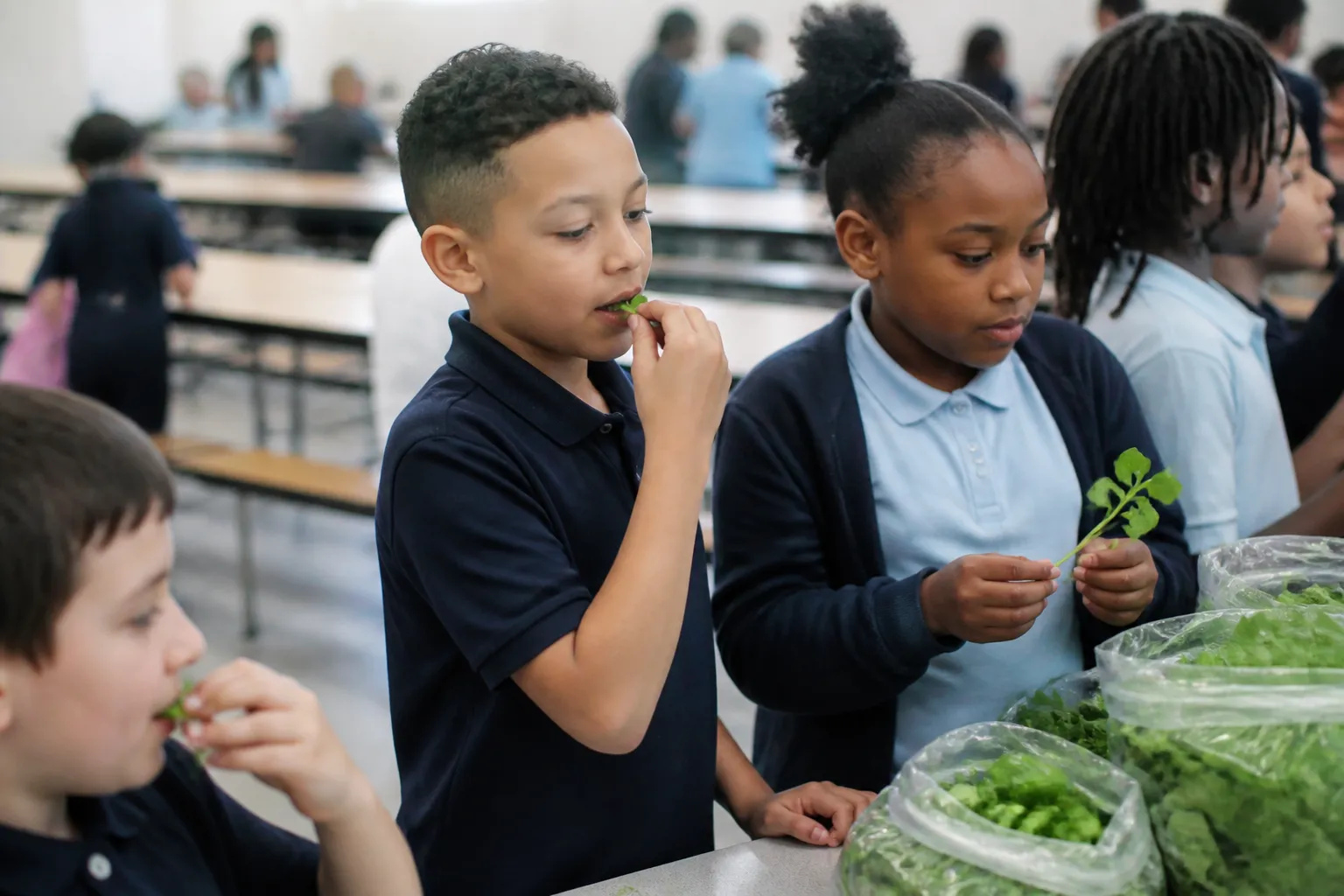 Students at Booker Elementary School taste spinach and arugula during a Las Vegas health charity program.