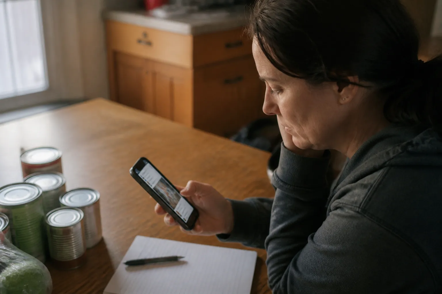 Lincoln resident checks private Facebook group on phone at kitchen table with canned goods and grocery list.