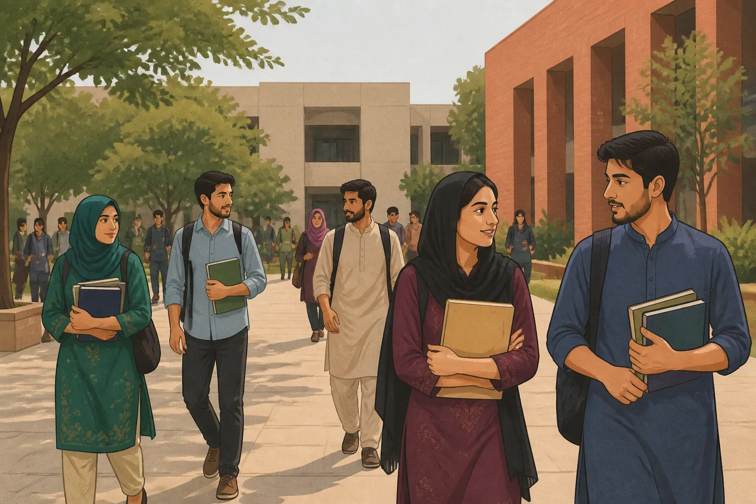 Pakistani scholarship recipients walk across campus carrying books and folders.