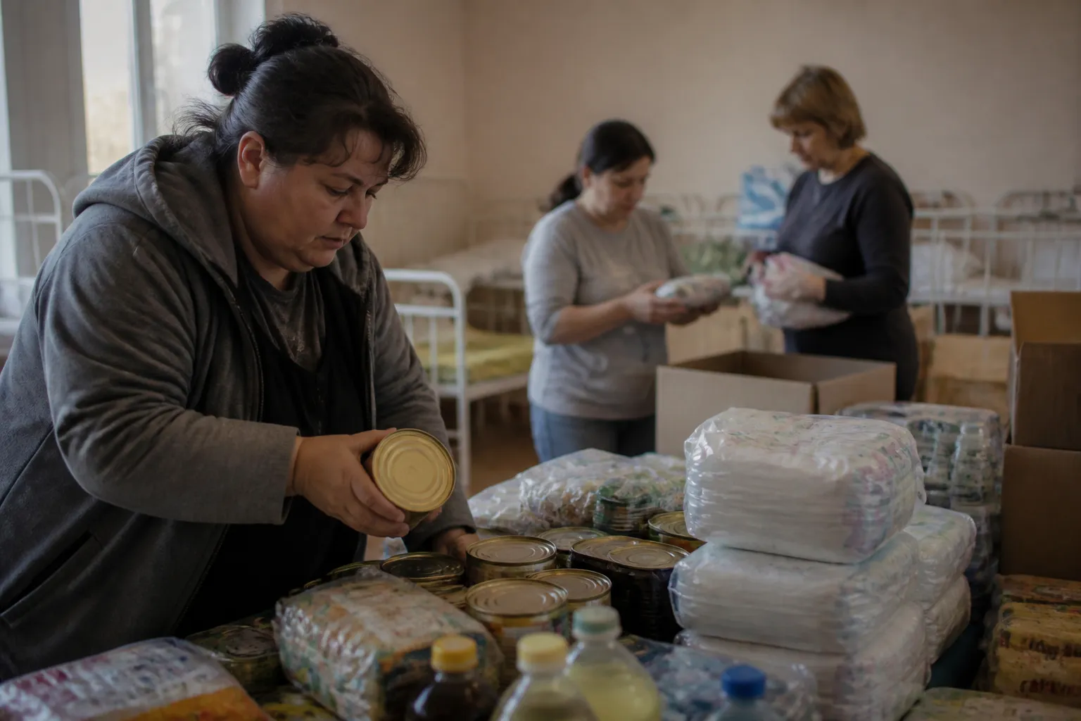 Caregivers sort food, diapers, and medical supplies on tables inside a Ukrainian orphanage.