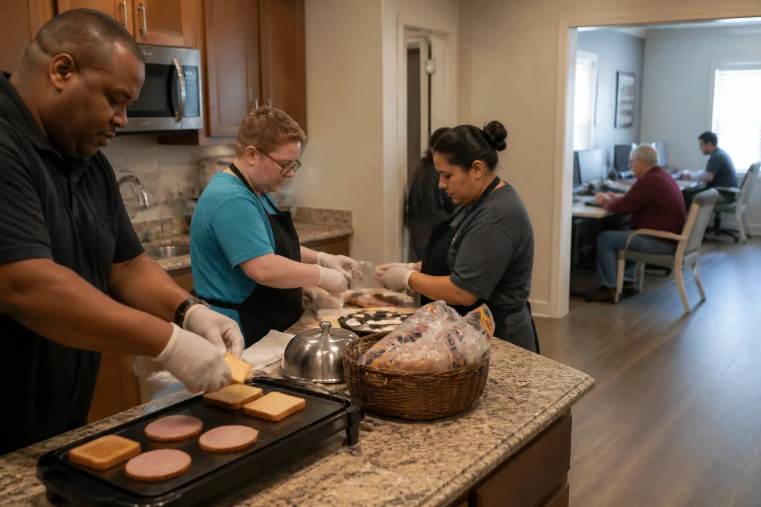 Hope Fort Bend members and staff prep breakfast in the kitchen while others work at computers.
