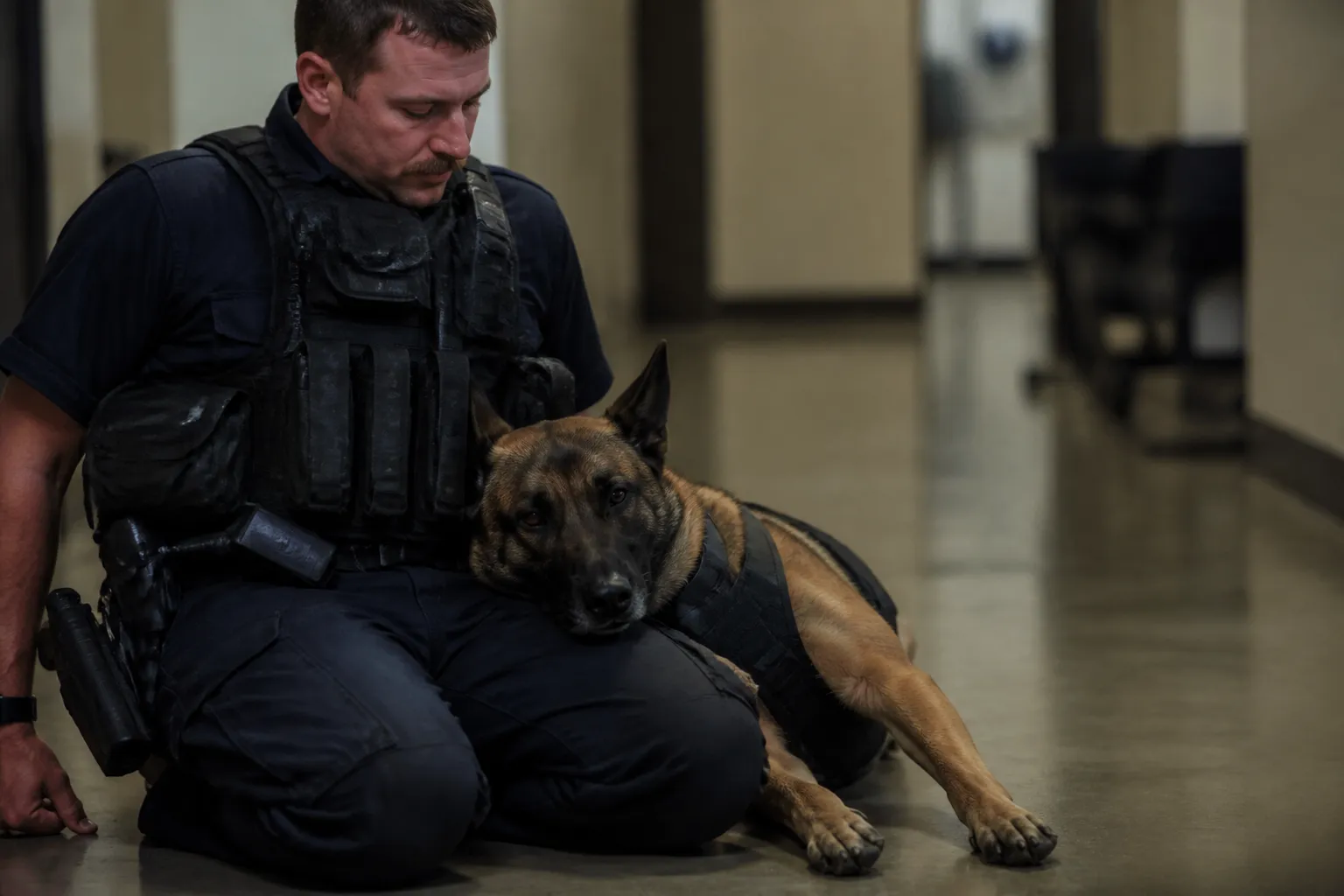 Fort Worth law enforcement K9 resting against its handler after a shift in a hallway.
