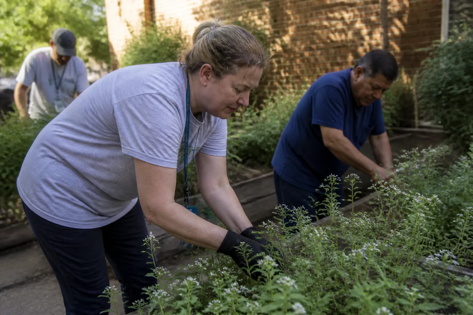 Hope Fort Bend members, volunteers, and staff work in the garden during a horticulture activity.