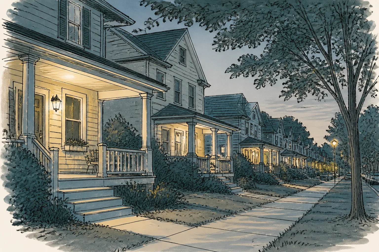 Porch lights illuminate homes in Dover’s Lincoln Park during a Lights-ON campaign.