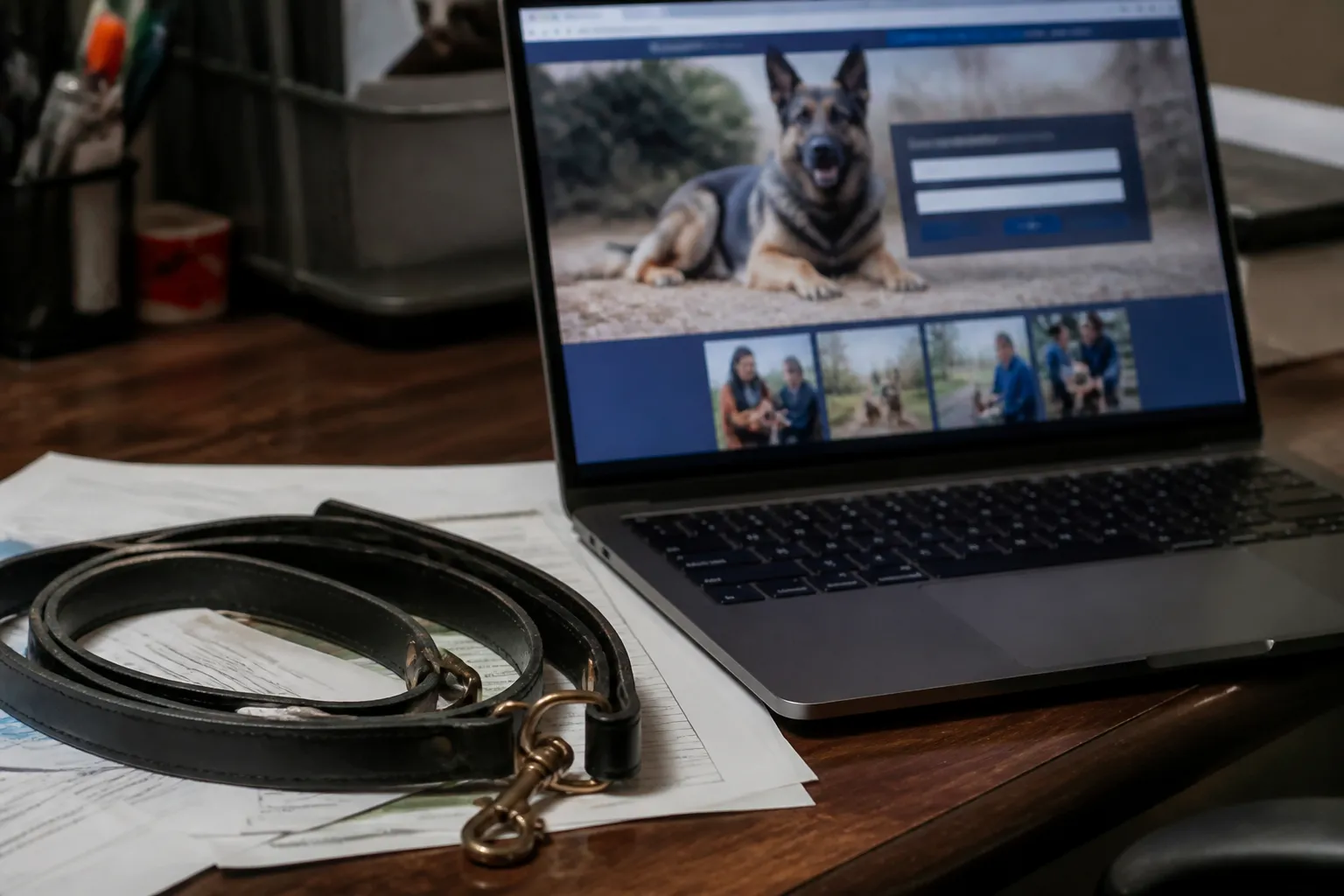 Donate page open on a desk next to a folded K9 leash for Fort Worth Patrol K9 Support.