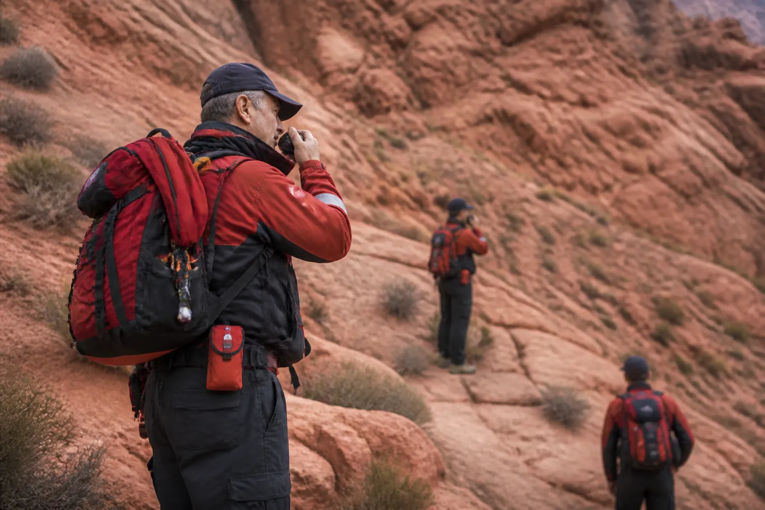 Red Rock SAR volunteers scan Calico Basin slopes during training, wearing packs and radios.