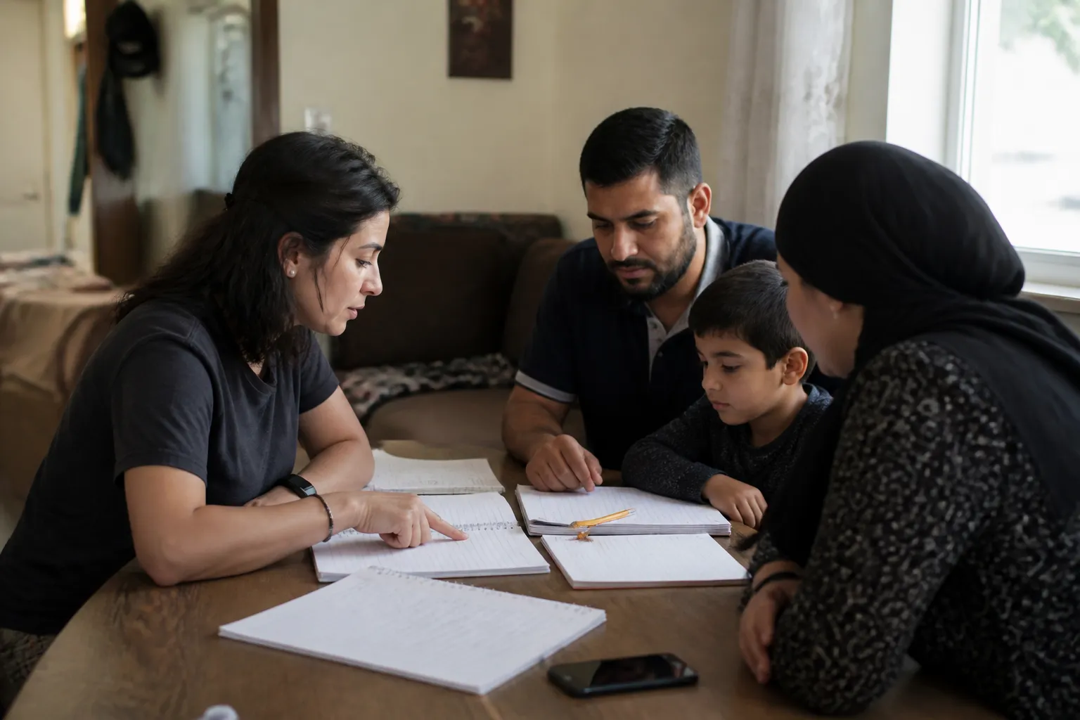 Teacher and refugee family sit at a small table at home with open notebooks during basic English tutoring.