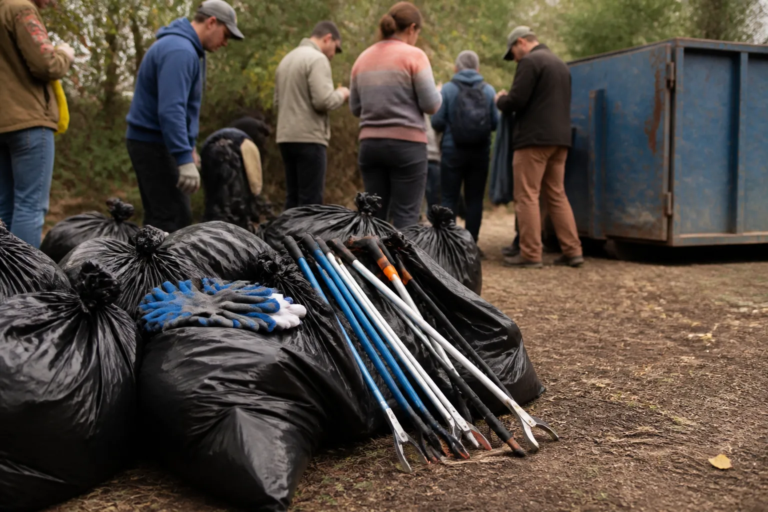 Trash bags, gloves, pickers, and a rented dumpster are staged before an Austin creek-care volunteer day.