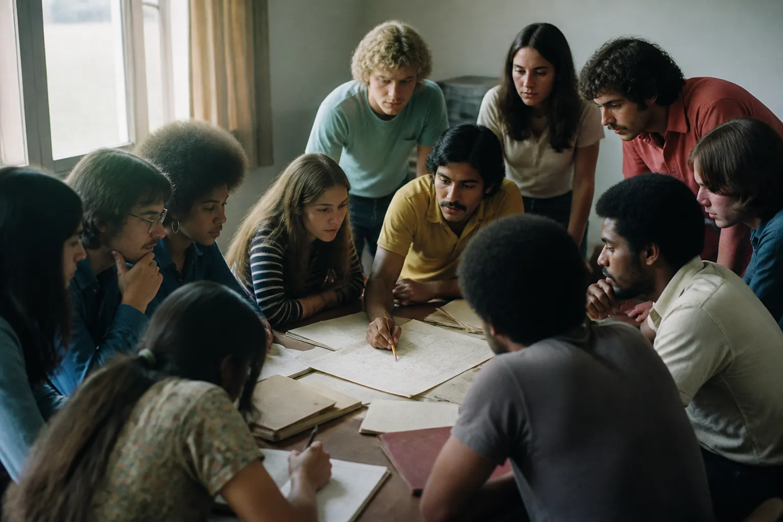 Twelve University of Houston students in 1974 plan an East End clearinghouse at a table covered in notes.