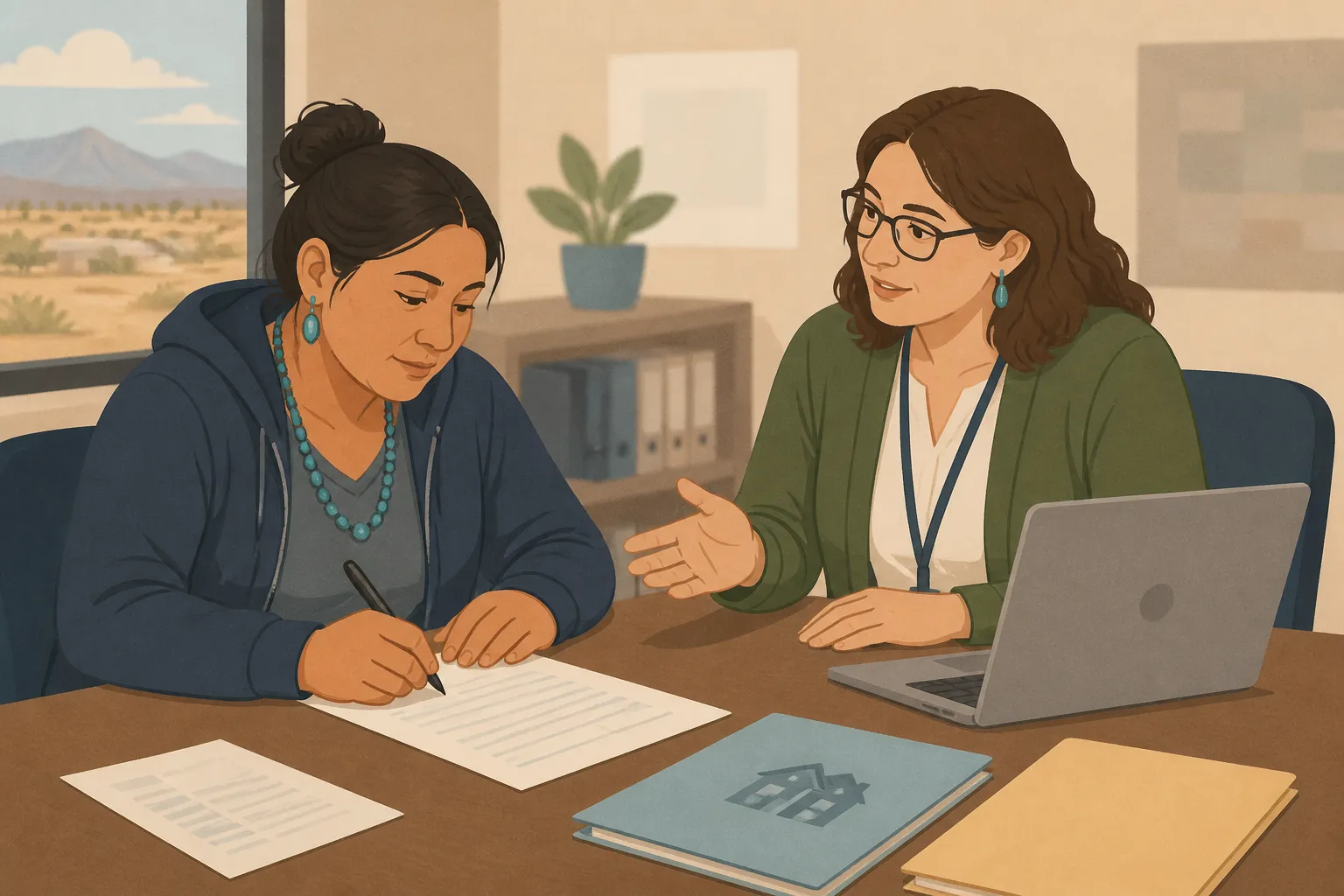 A rural Nevada renter completes a Rent Cafe application with a caseworker.