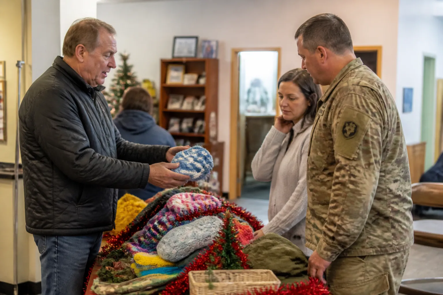 Operation Santa Claus partner display in Lincoln listing local agencies, National Guard, and merchants.