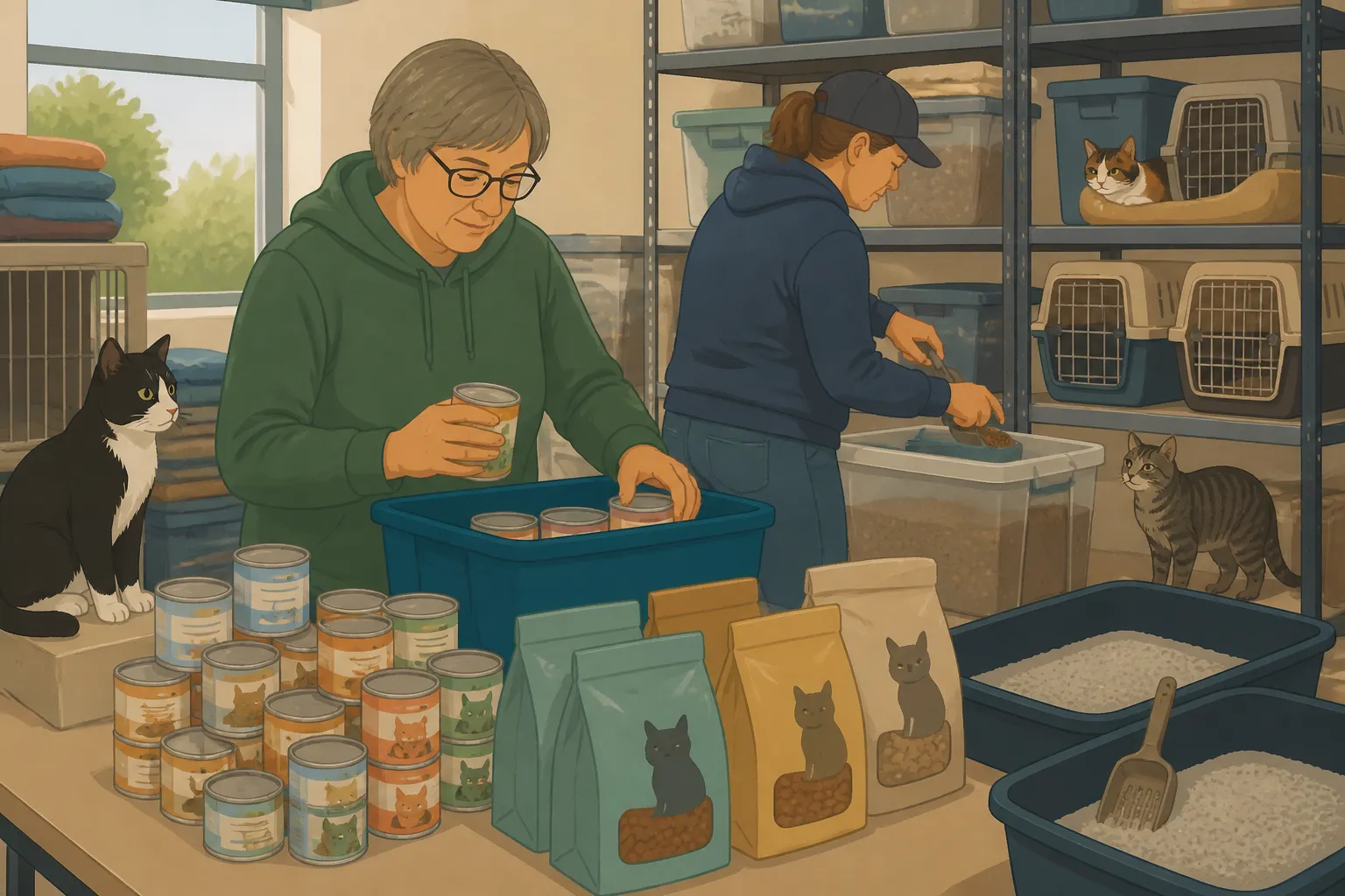 Milton volunteers sort canned food and kitty litter for community cats.