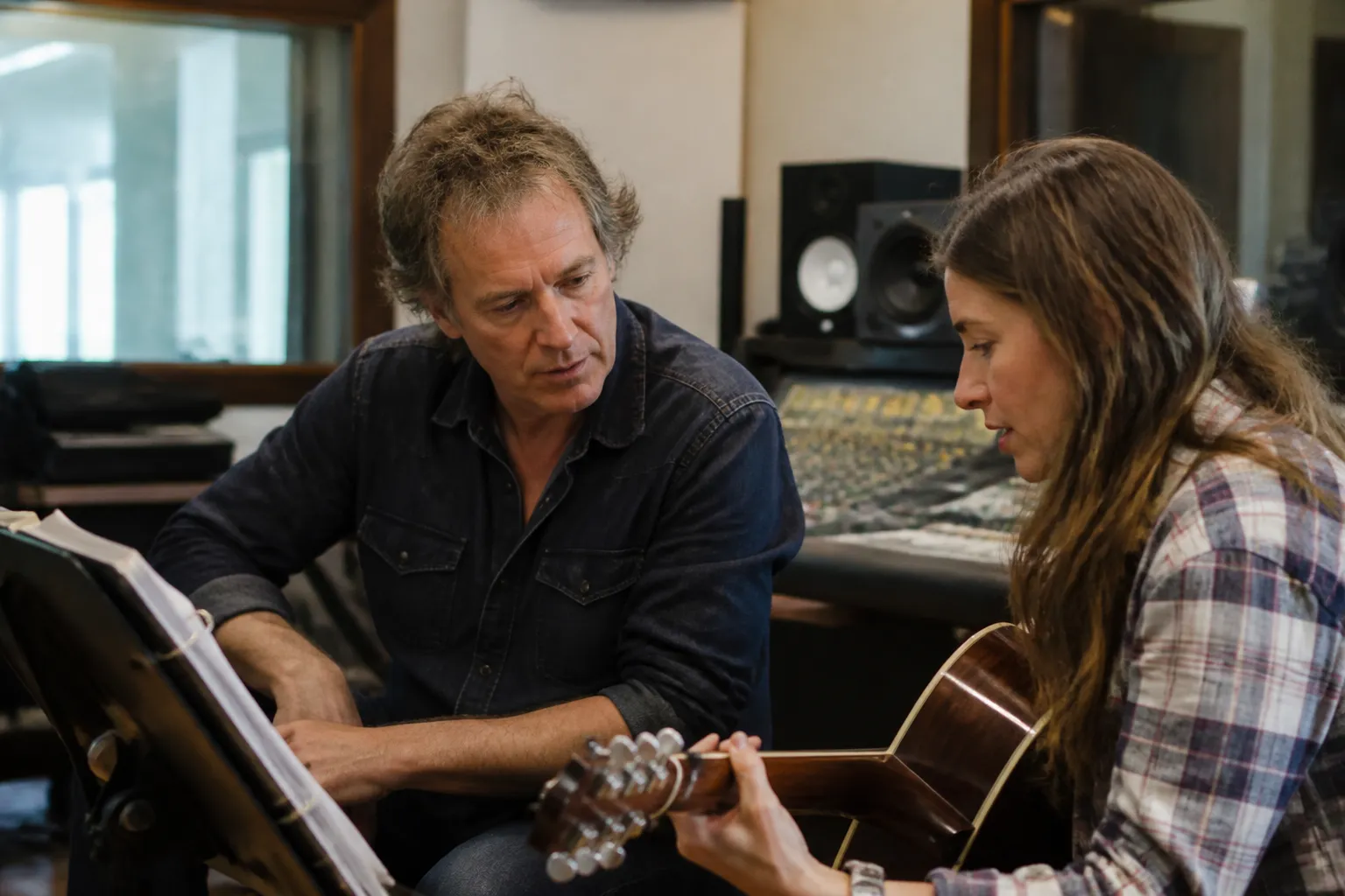 Darden Smith and a Swan Songs Writing Sessions participant sit in an Austin studio with lyric sheets on a music stand.