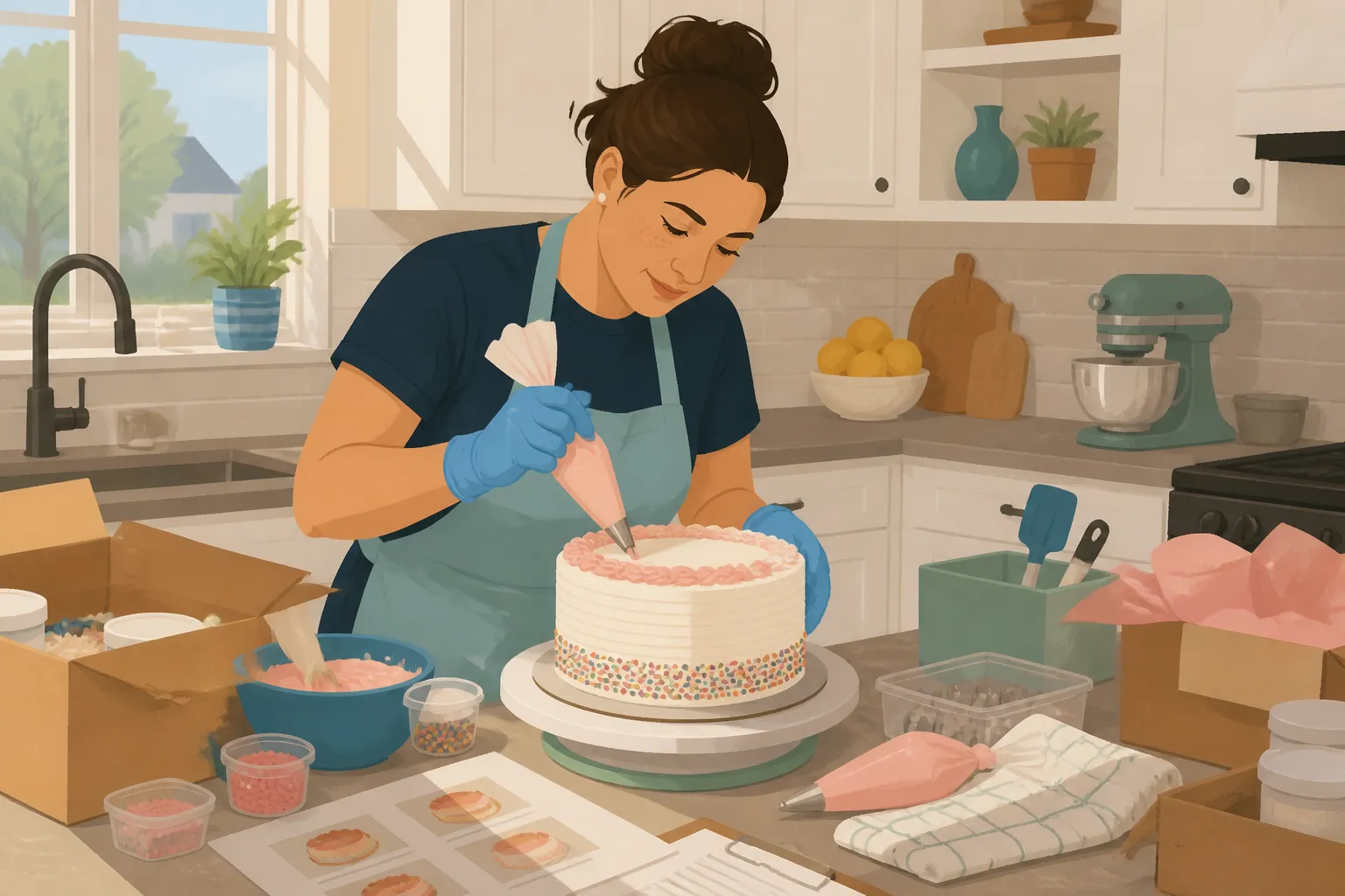 A volunteer decorates a donated birthday cake for Houston foster kids through Cakes for Kids in a Texas kitchen.