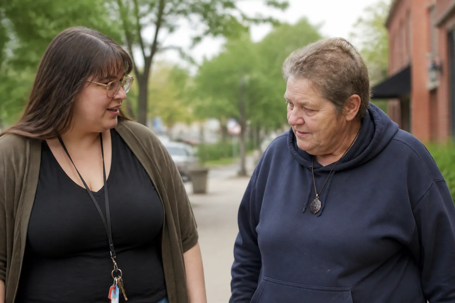 Direct support professional speaks with an adult participant during community-based support in Missoula on an afternoon walk.