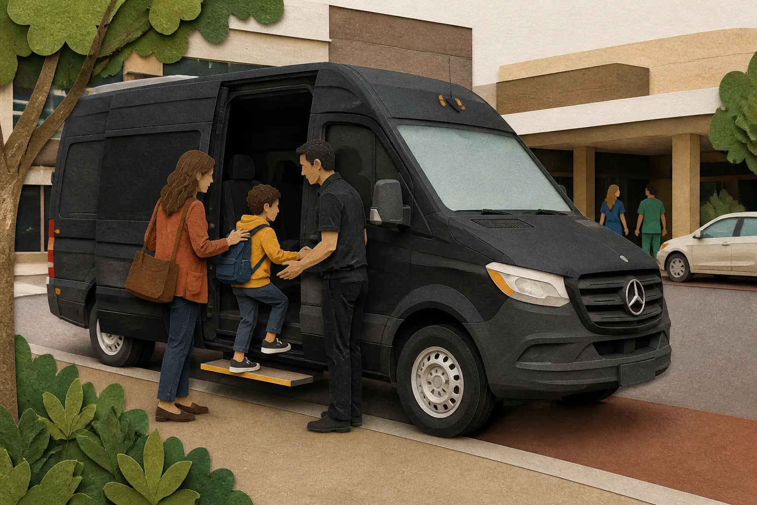 Parent helps a pediatric patient board a Dream Rydes Mercedes-Benz Sprinter van at a Houston hospital.