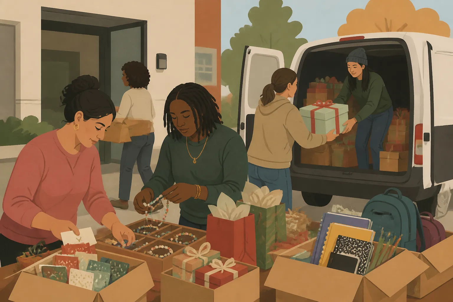 Volunteers load gift cards, presents, and school supplies into a full van outside a Delaware shelter partner.