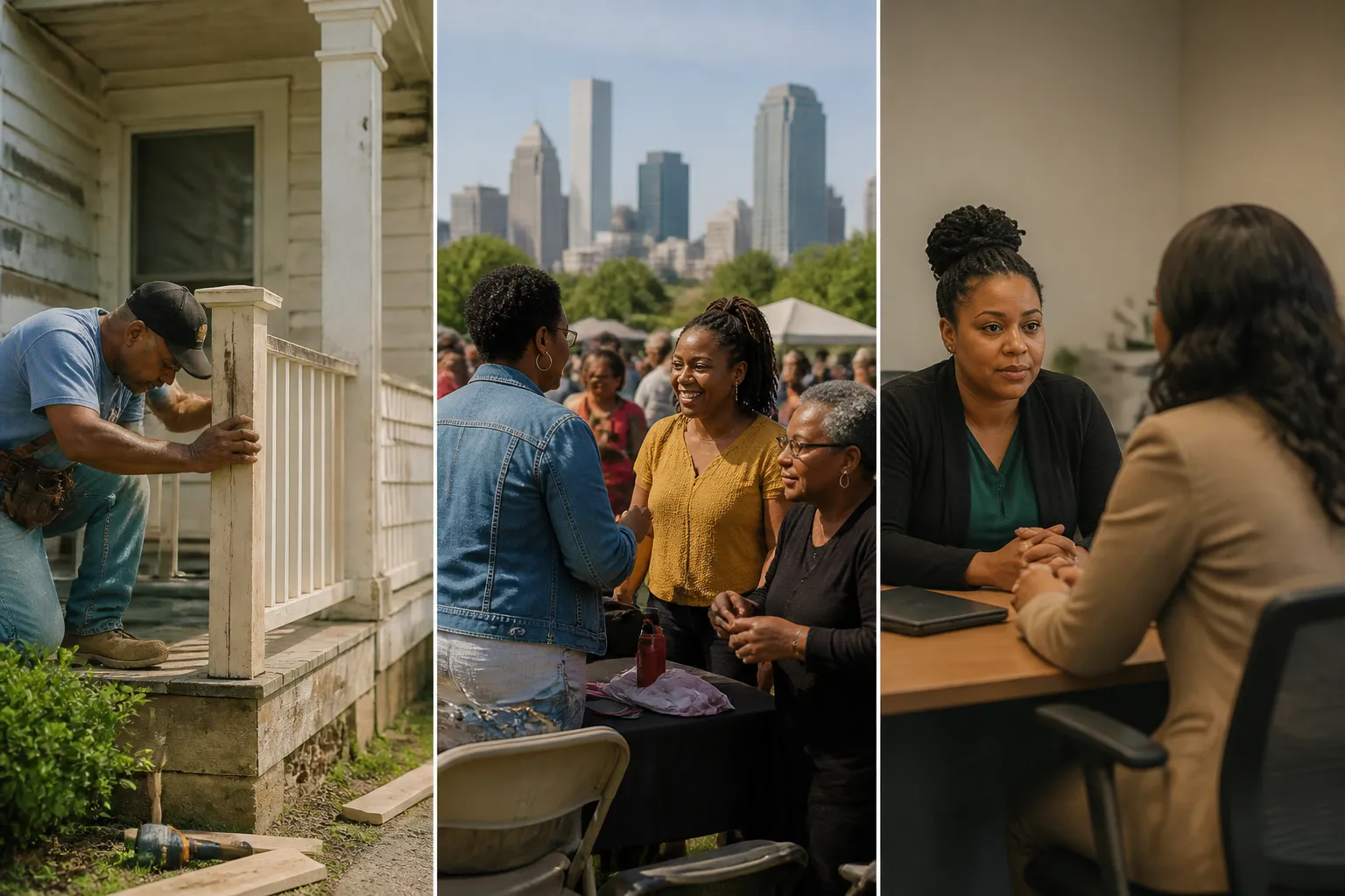 Collage shows a repaired porch, a Dallas affordable housing gathering outdoors, and ICDC homebuyer counseling indoors.