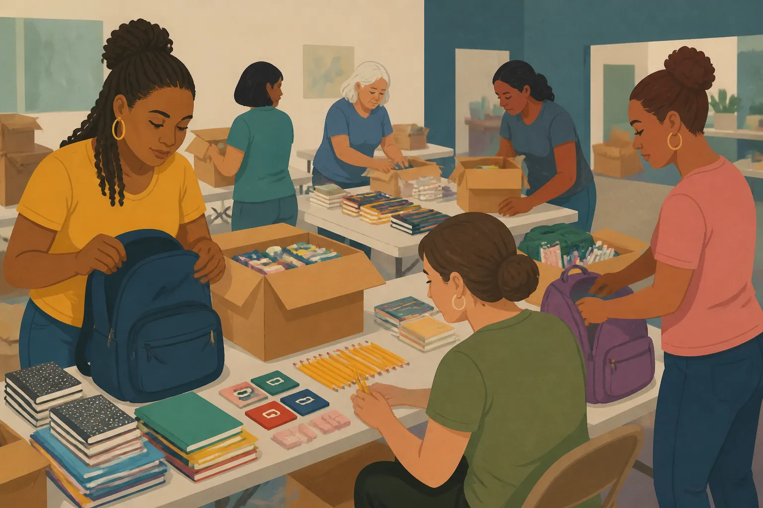 Volunteers sort supplies to support domestic violence survivors in Lewes, DE.