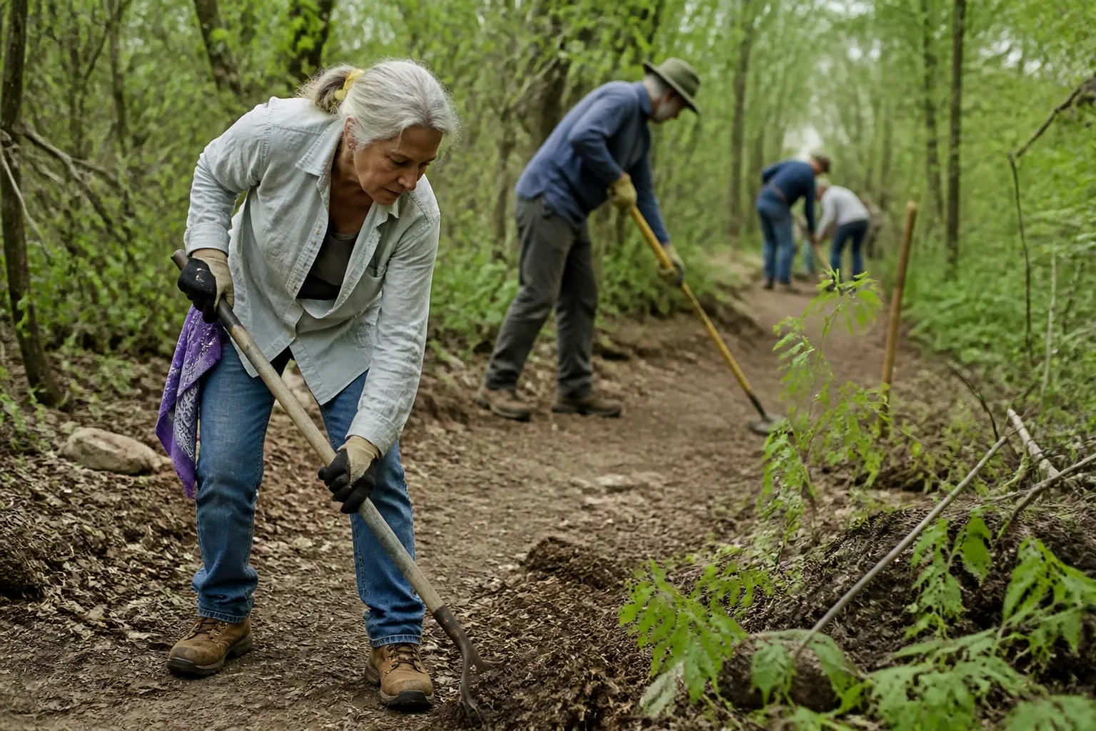 Where to donate for wildlife conservation in Dallas: volunteers clear brush and repair trail edges on a Cedar Ridge Preserve trail during a workday.