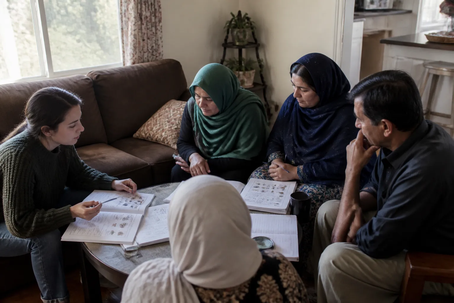 Volunteer instructor and family work through English ESL workbooks in an Omaha living room for NACC.