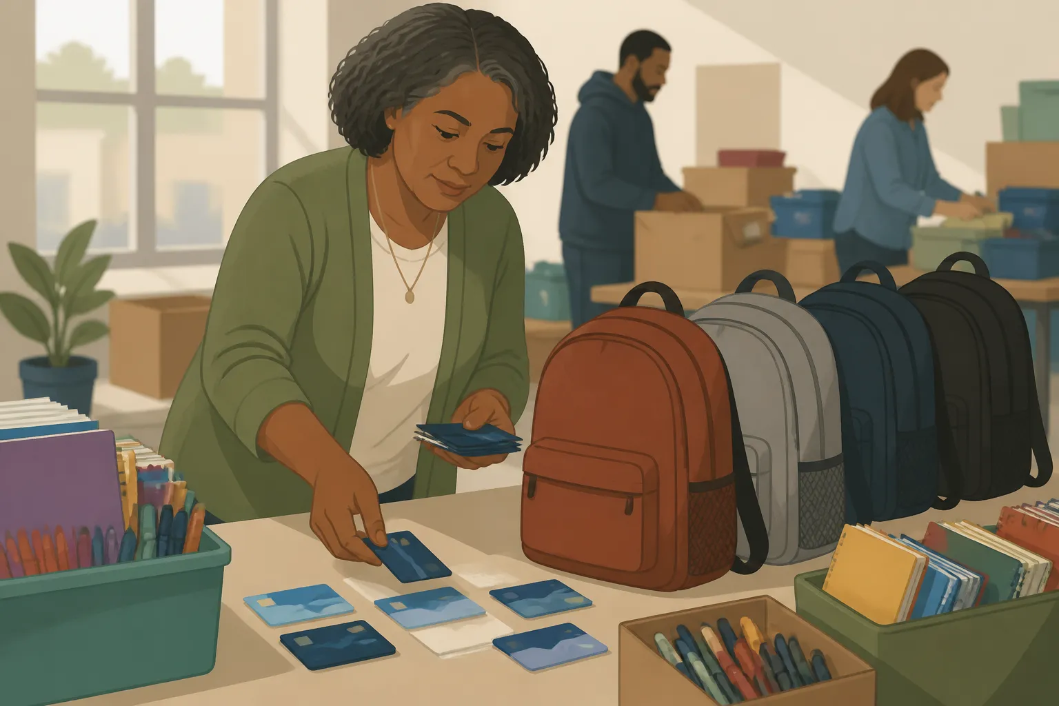 A donor places Visa and Walmart gift cards beside backpacks for Delaware shelter programs.