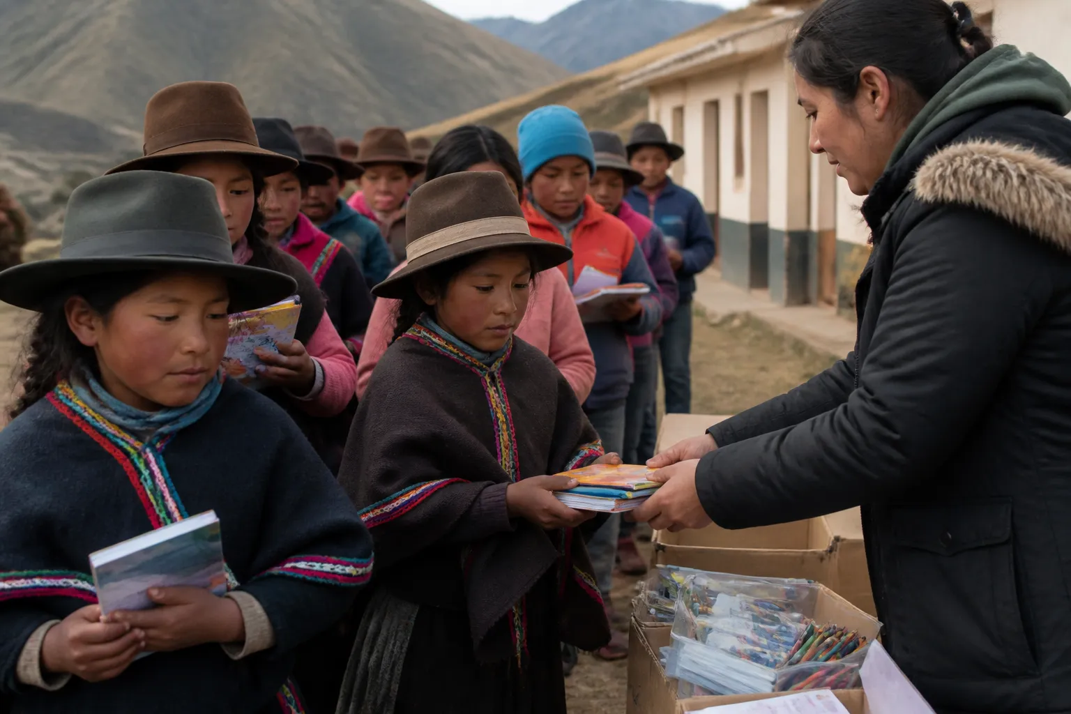 Students line up outside a remote Peruvian school as staff distribute notebooks, pencils, and crayons.