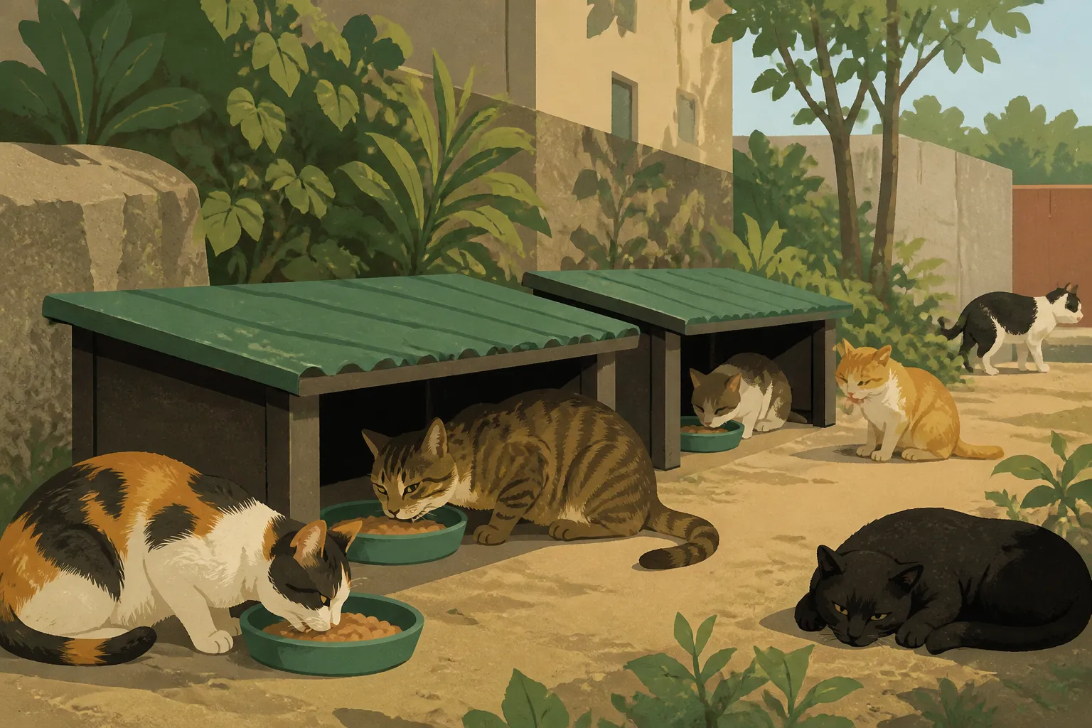Community cats rest beside sheltered feeding stations in a Milton colony.