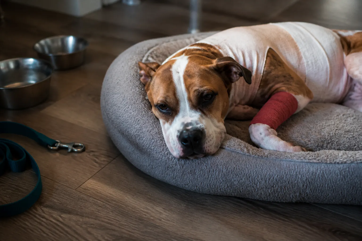 Rescued dog recovering on a soft bed in a Tomball foster home with food bowls and a leash nearby.