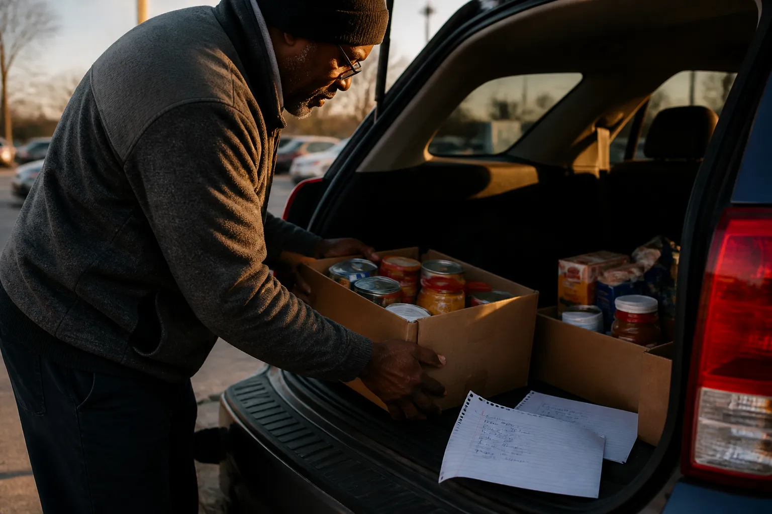 Dallas donor packs shelf-stable groceries into a car trunk with notes for Richardson, Addison, and Euless.