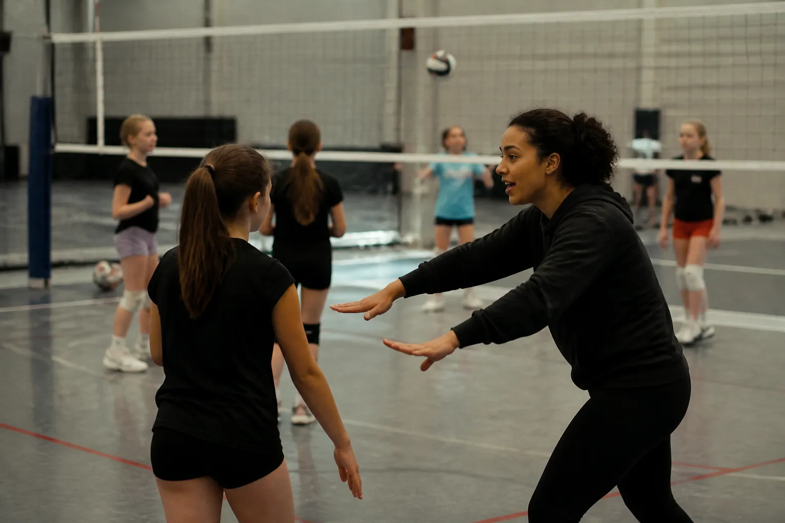 ENVY Academy players practice volleyball drills in an Omaha gym while coaches lead skills training.