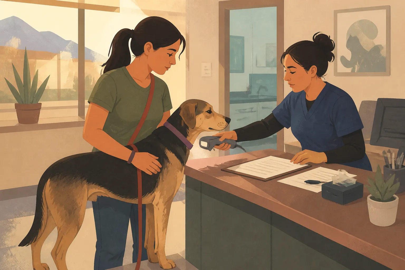 A foster volunteer scans a found dog for an animal rescue in El Paso at a veterinary clinic.