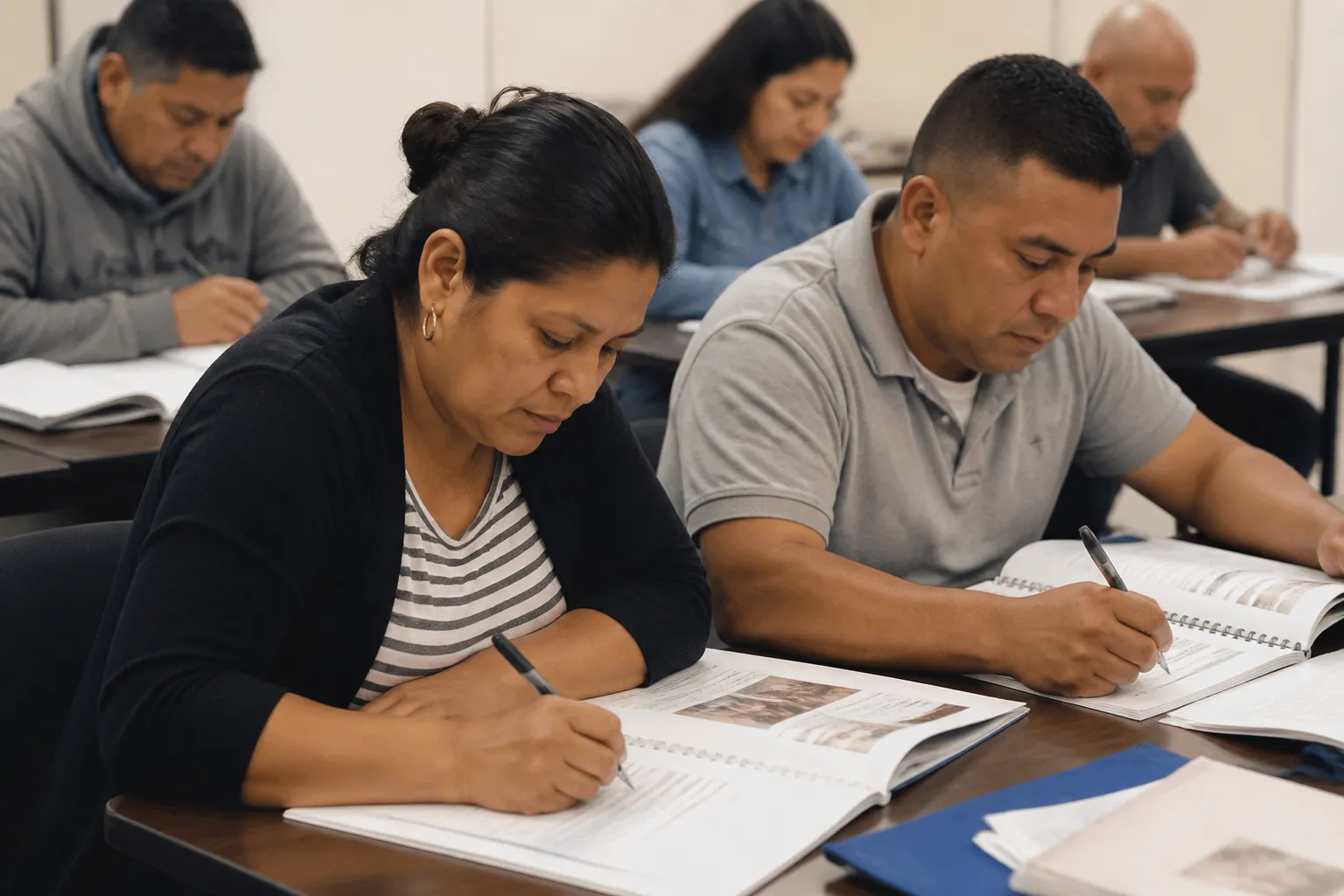 First-time homebuyers complete HUD-certified education materials in English and Spanish in a Dallas Housing Foundation class.